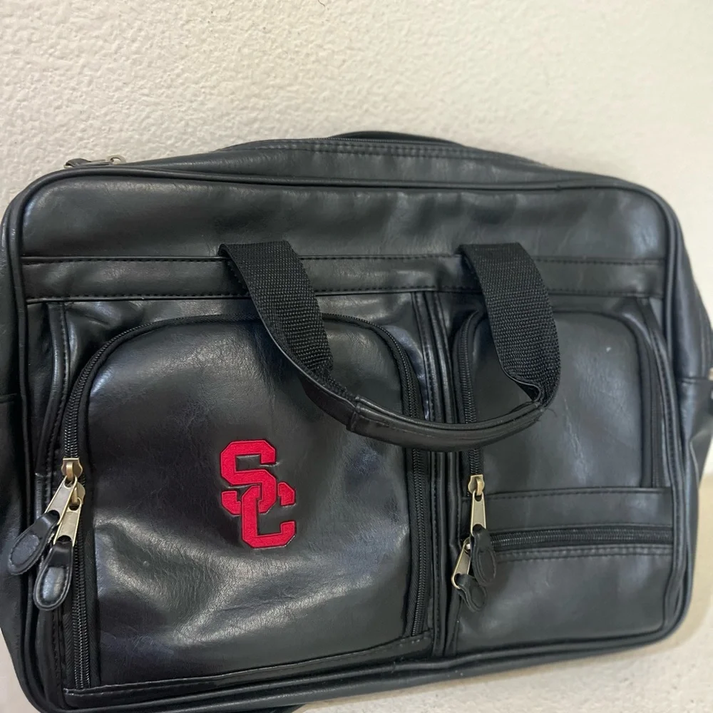 USC Logo Black Leather Briefcase Pocket Multi Compartments Portfolio Work Bag